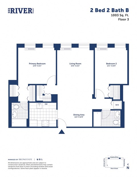 Floor plan for 2 beds, 2 baths, 1003 sqft